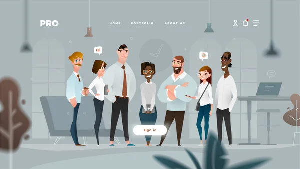 Web Design da página principal com personagens de desenhos animados de negócios em estilo plano para seus projetos . — Vetor de Stock