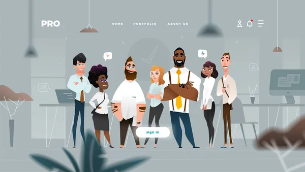 Web Design da página principal com personagens de desenhos animados de negócios em estilo plano para seus projetos . — Vetor de Stock