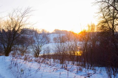 kış orman ve nehir kıyısında günbatımı