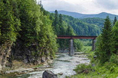 dağ nehir hızlı bir akım, kayalar ve bir köprü ile