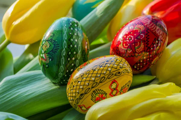 Ovos de Páscoa e tulipas — Fotografia de Stock