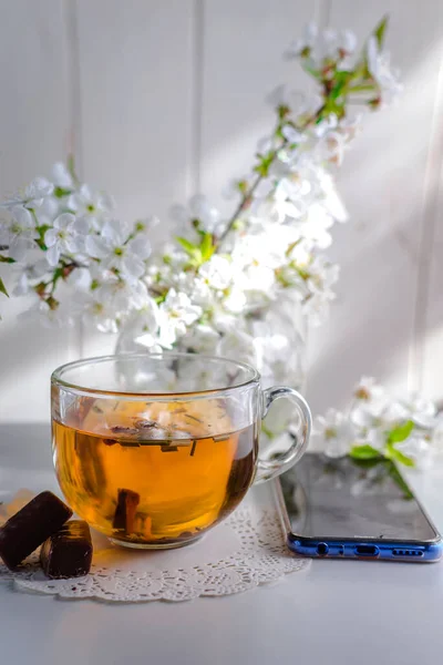 Cup Herbal Tea Phone Table — Stock Photo, Image