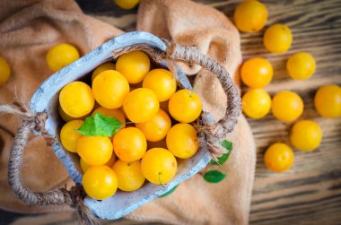 Masada sarı taze kiraz eriği var.