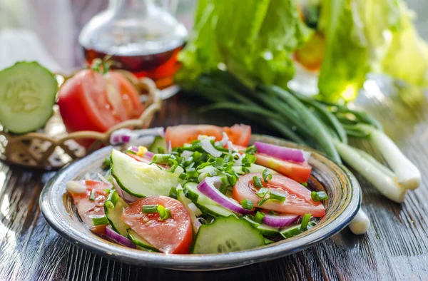 新鲜黄瓜 西红柿和洋葱的膳食沙拉 — 图库照片