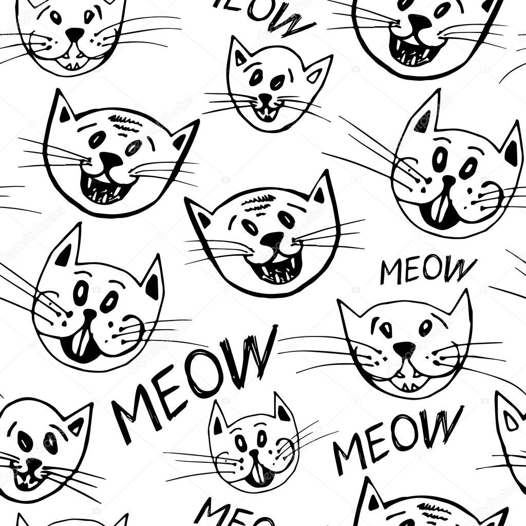 Vector seamless pattern of funny cartoon cat faces