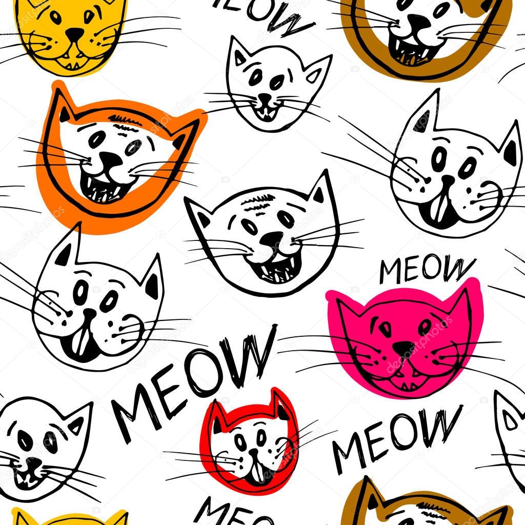 Vector seamless pattern of funny cartoon cat faces