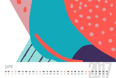2017 için vektör takvimi. Ay, Doodle desenleri. Hafta Pazar başlıyor. Soyut sanat desenli 2017 vektör şablonu için takvim.