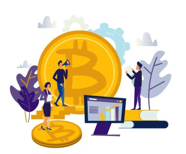 Vektör illüstrasyon finans. Grafik elementler sadece kripto para biriminin yatırım analizi. İnsanlar para bitcoin 'ine yatırım yapar. Moda renkleri ve şık düz grafikler