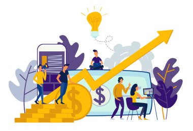 Vektör çizim sanal iş Yardımcısı. Smartphone cep telefonu ile düz simgesi tüm hesapları, para, kartları yatırım yönetimi birleştirilir. grafik tasarım iş kavramı mobil Yardımcısı, mobil bankacılık.