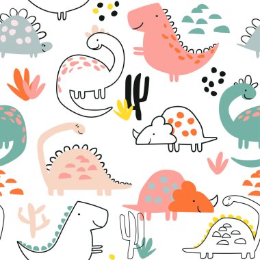 Kusursuz dinazor deseni, tişört, tekstil, ambalaj kağıdı, ağ baskısı. T-rex 'li orijinal tasarım, dinozor. Kızlar ve erkekler için hoş bir tasarım..