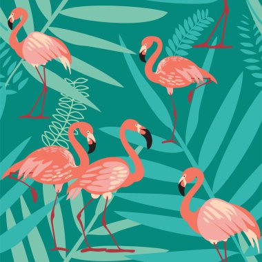 Flamingo Bird ve tropik çiçekler arka plan - Dikişsiz desen vektör