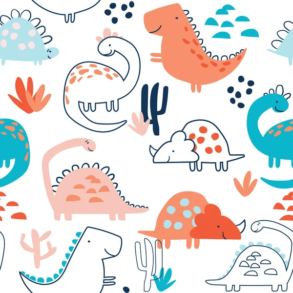 Childish Seamless Pattern Hand Drawn Dino Doodle Style Perfect Kids — Stock Vector