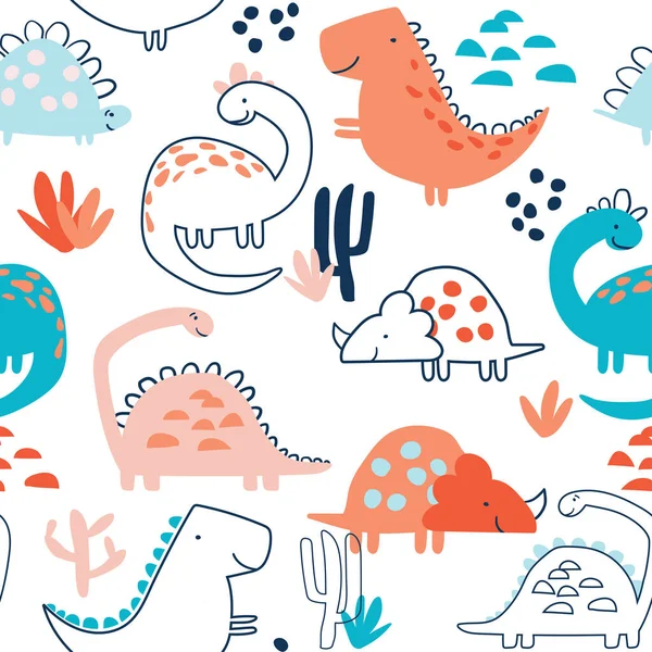 Barnsligt Sömlöst Mönster Med Handritad Dino Doodle Stil Perfekt För — Stock vektor