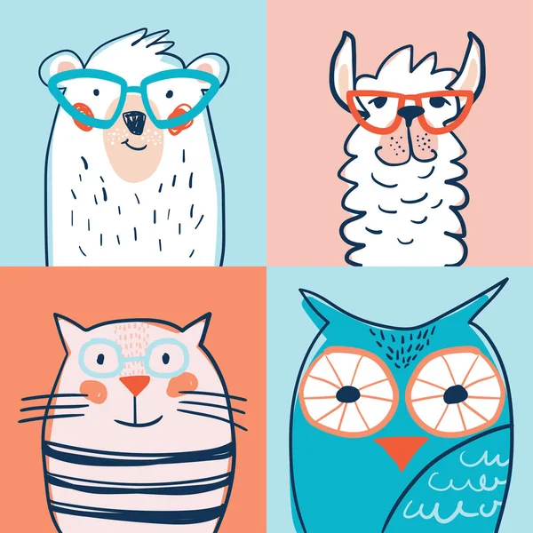 一组手绘了一些可爱的滑稽画像 其中有猫 猫头鹰 眼镜中的美洲驼 颜色背景上的孤立对象 矢量图解 儿童设计概念 — 图库矢量图片