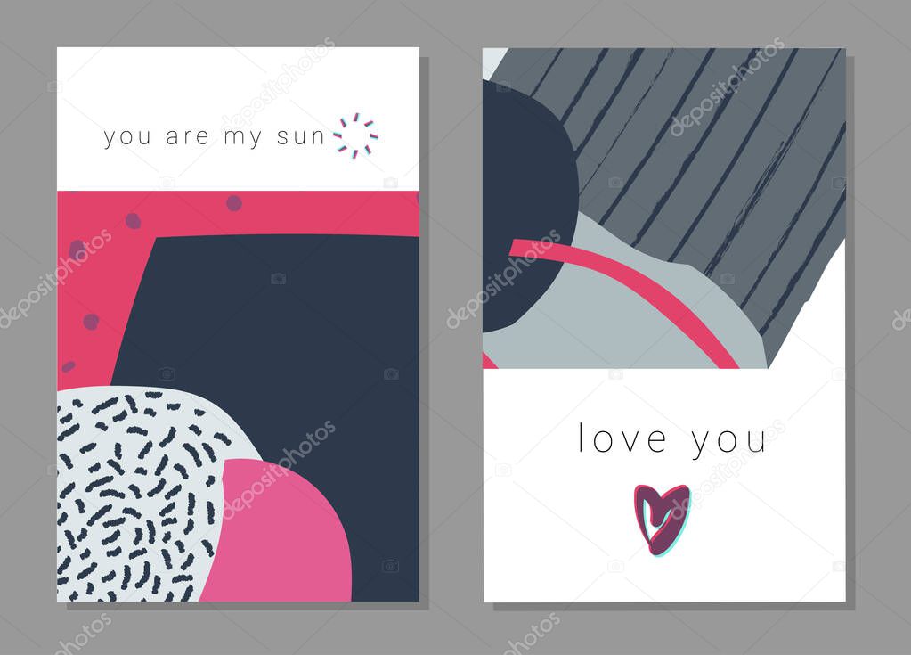 Set of artistic creative universal cards. Hand Drawn textures. Wedding, anniversary, birthday, Valentine's day, party. Design for poster, card, invitation, placard brochure flyer Vector Isolated