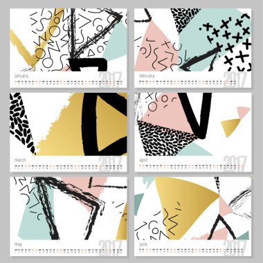 2017 için vektör takvimi. 6 aylık set, 6 desenli. Hafta Pazar başlıyor. Soyut sanat desenli 2017 vektör şablonu için takvim.