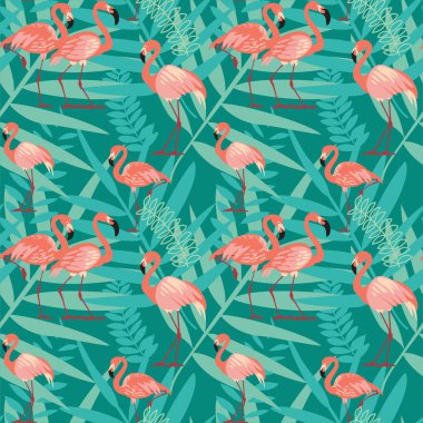 Pembe flamingolar, egzotik kuşlar, tropikal palmiye yaprakları, ağaçlar, orman yaprakları sorunsuz vektör çiçek desenli arka plan.
