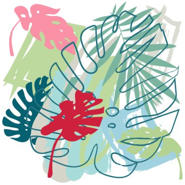 Yaratıcı evrensel çiçek arkaplanı tropikal tarzda. El yapımı kumaşlar. Parlak renkli tropik yapraklar. Vektör. İzole edilmiş.