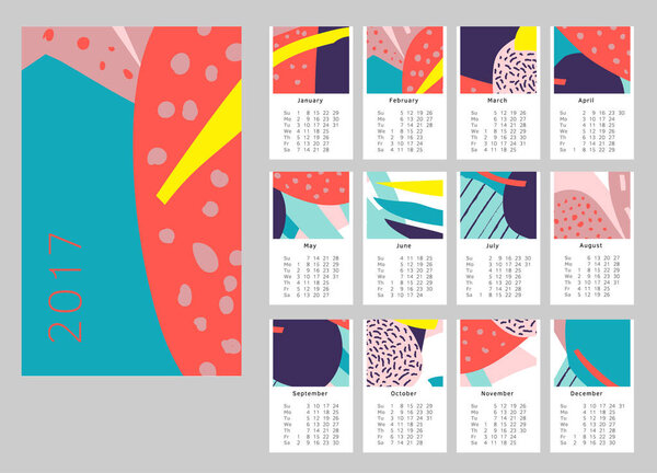 2017 Art hand drawn calendar. Set of 12 months. Week Starts Sunday. Vector clipart editable and scalable. 12 Doodle patterns. Week Starts Sunday. vector template with abstract art pattern.