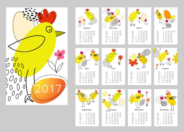 Kalendář Vektorů Pro Rok2017 Sada Měsíců Kohoute Týden Začíná Neděli — Stockový vektor
