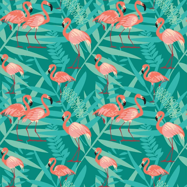 Flamants Roses Oiseaux Exotiques Feuilles Palmiers Tropicaux Arbres Feuilles Jungle — Image vectorielle