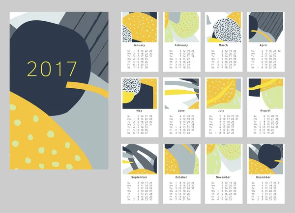 2017 Calendário Desenhado Mão Arte Conjunto Meses Semana Começa Domingo — Vetor de Stock