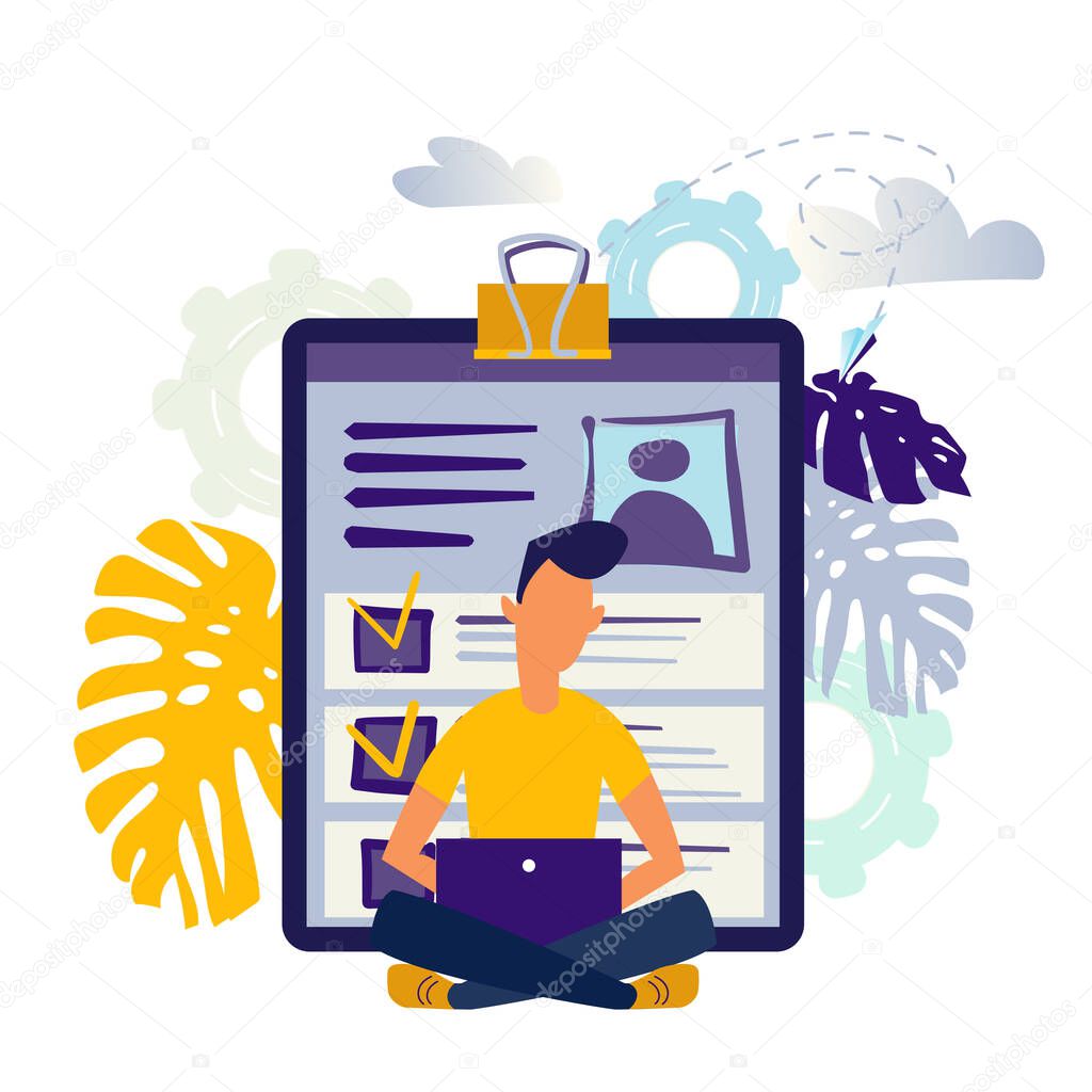 vector illustration design concept on white background. metaphor for candidates for vacancies, review of summaries. small people are studying the application form