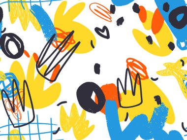 Parlak yaz pozitif renklerinde kusursuz soyut karalama arkaplan deseni. Rastgele düzenlenmiş noktalar, noktalar ve çizgiler ile elle çizilmiş soyut desen. Kalem ve boya dokusu.