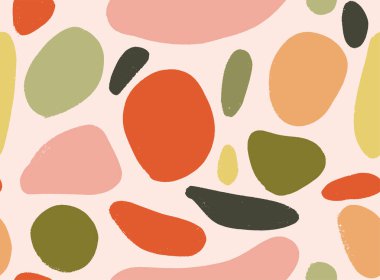 Parlak yaz pozitif renklerinde kusursuz soyut karalama arkaplan deseni. Rastgele düzenlenmiş noktalar, noktalar ve çizgiler ile elle çizilmiş soyut desen. Kalem ve boya dokusu.