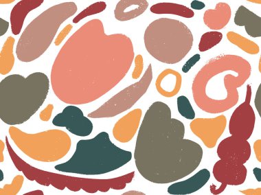 Parlak yaz pozitif renklerinde kusursuz soyut karalama arkaplan deseni. Rastgele düzenlenmiş noktalar, noktalar ve çizgiler ile elle çizilmiş soyut desen. Kalem ve boya dokusu.