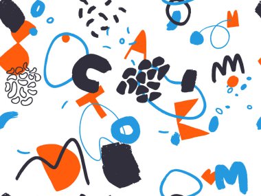 Parlak yaz pozitif renklerinde kusursuz soyut karalama arkaplan deseni. Rastgele düzenlenmiş noktalar, noktalar ve çizgiler ile elle çizilmiş soyut desen. Kalem ve boya dokusu.