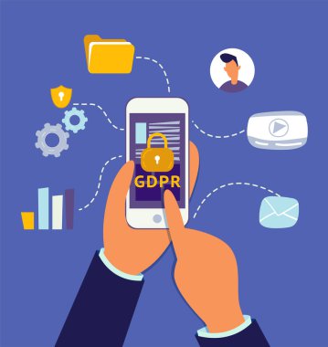 Genel veri koruma yönetmeliği yazan telefonu tutan eller