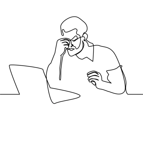 Kontinuální Linie Kreslení Šťastný Seriózní Přemýšlivý Muž Sedí Stolem Pomocí — Stockový vektor