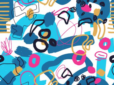 Parlak yaz pozitif renklerinde kusursuz soyut karalama arkaplan deseni. Rastgele düzenlenmiş noktalar, noktalar ve çizgiler ile elle çizilmiş soyut desen. Kalem ve boya dokusu.