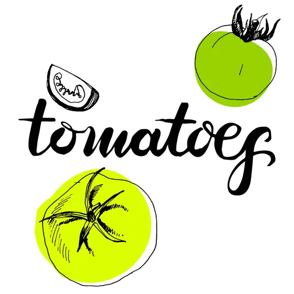 Kalligrafi Ord Tomater Och Skisserade Tomater — Stock vektor