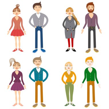 Yetişkin erkek ve kız çift, modern aileler. Modern aile aşamaları. Tipik bir aile. İnsanlar çiftler, aileler izole edilmiş vektörler. İnsanlar birlikte.