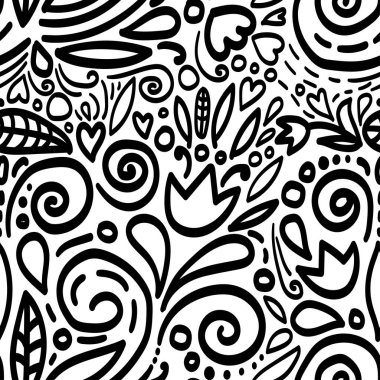 Çiçekli, kusursuz bir İskandinav deseni. Siyah-beyaz geometrik desen, Fin tasarımı. Kusursuz desenli, mükemmel, dikişsiz çiçek arkaplanı.