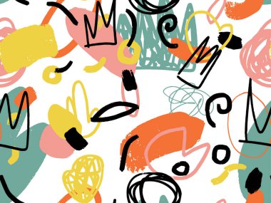 Parlak yaz pozitif renklerinde kusursuz soyut karalama arkaplan deseni. Rastgele düzenlenmiş noktalar, noktalar ve çizgiler ile elle çizilmiş soyut desen. Kalem ve boya dokusu.