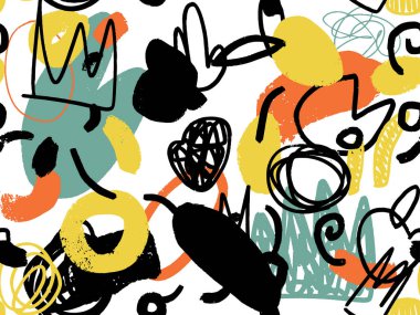 Parlak yaz pozitif renklerinde kusursuz soyut karalama arkaplan deseni. Rastgele düzenlenmiş noktalar, noktalar ve çizgiler ile elle çizilmiş soyut desen. Kalem ve boya dokusu.