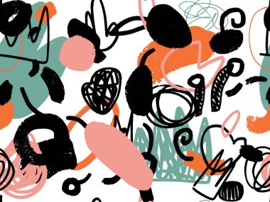 Parlak yaz pozitif renklerinde kusursuz soyut karalama arkaplan deseni. Rastgele düzenlenmiş noktalar, noktalar ve çizgiler ile elle çizilmiş soyut desen. Kalem ve boya dokusu.