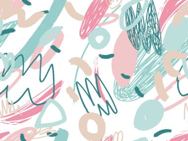 Parlak yaz pozitif renklerinde kusursuz soyut karalama arkaplan deseni. Rastgele düzenlenmiş noktalar, noktalar ve çizgiler ile elle çizilmiş soyut desen. Kalem ve boya dokusu.