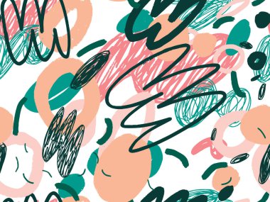 Parlak yaz pozitif renklerinde kusursuz soyut karalama arkaplan deseni. Rastgele düzenlenmiş noktalar, noktalar ve çizgiler ile elle çizilmiş soyut desen. Kalem ve boya dokusu.