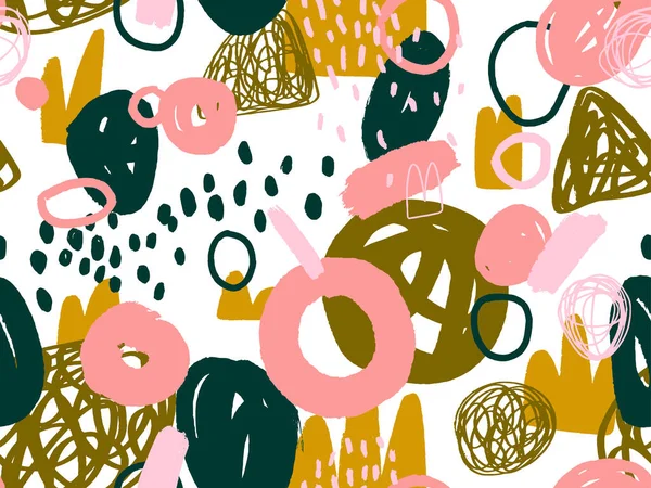Seamless abstract doodle background pattern in bright summer positive colors. Hand-drawn abstract pattern with randomly arranged spots and dots and lines. Pencil and paint texture.