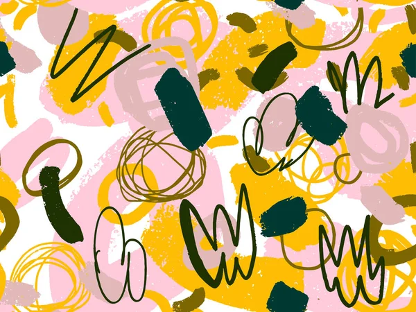 明るい夏の肯定的な色でシームレス抽象的なドアの背景パターン ランダムに配置されたスポットとドットとラインを持つ手描きの抽象パターン 鉛筆と絵具の質感 — ストックベクタ