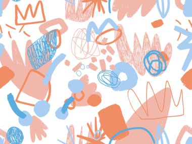 Parlak yaz pozitif renklerinde kusursuz soyut karalama arkaplan deseni. Rastgele düzenlenmiş noktalar, noktalar ve çizgiler ile elle çizilmiş soyut desen. Kalem ve boya dokusu.