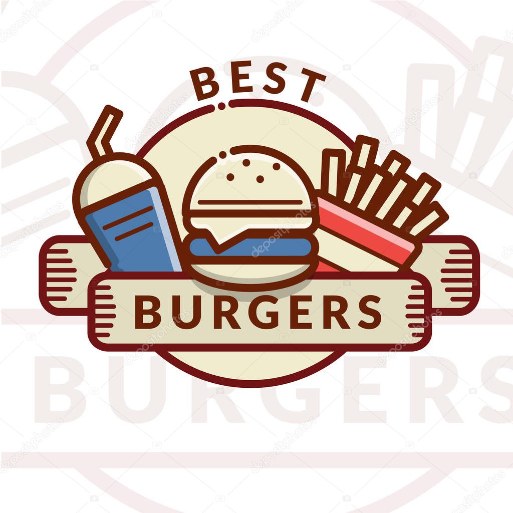 Burger badge, label, logo, icons design template. Food composition. Vector illustration