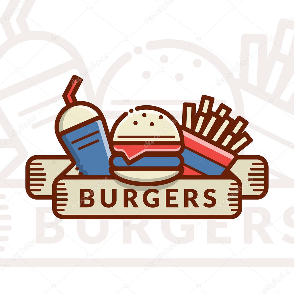 Burger badge, label, logo, icons design template. Food composition. Vector illustration