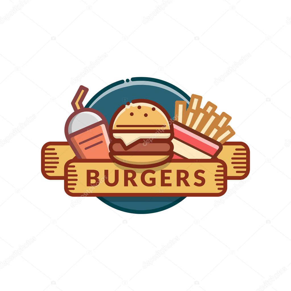 Burger badge, label, logo, icons design template. Food composition. Vector illustration