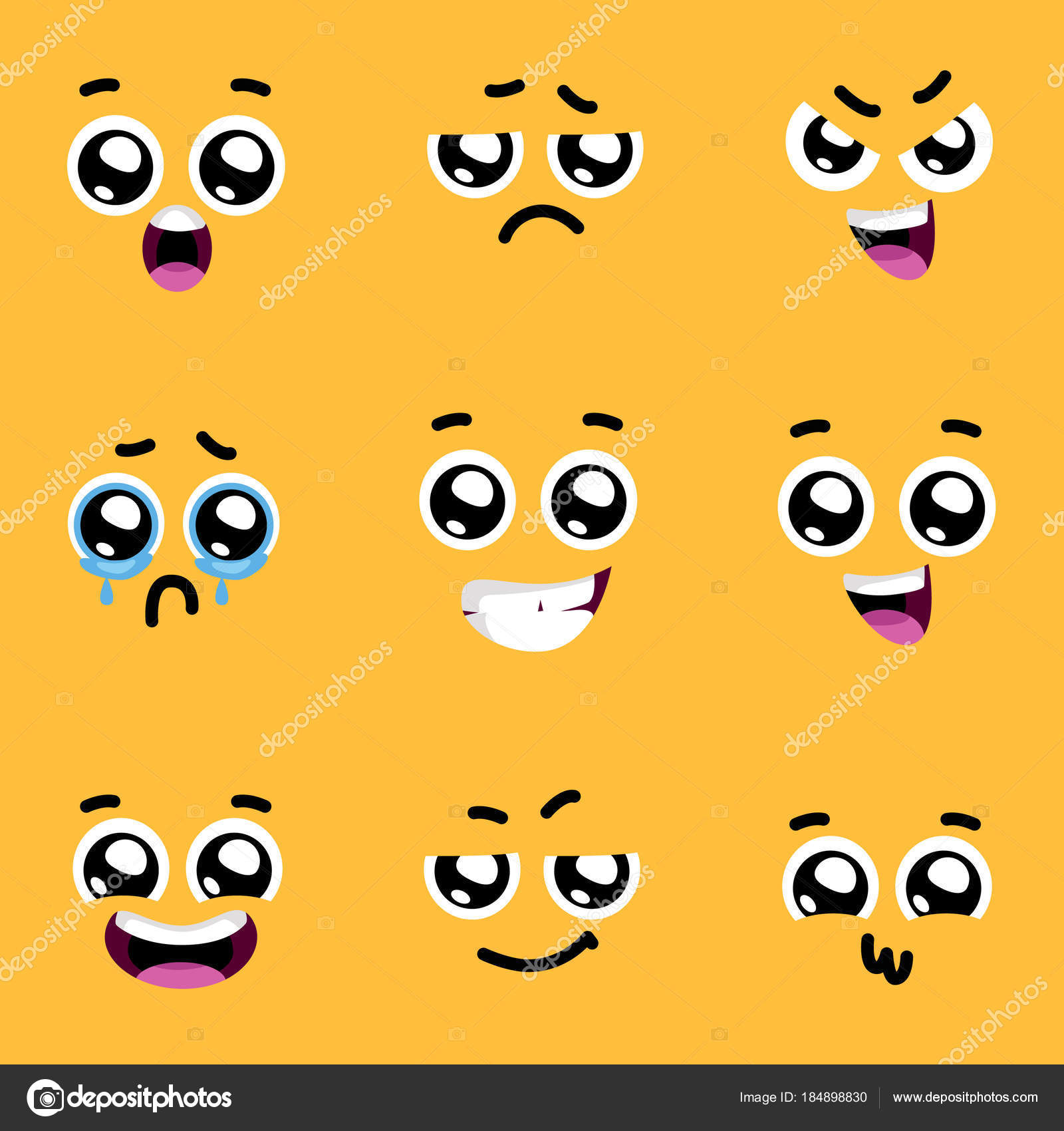 Vector Illustration Design Cute Funny Emotions Big Eyes Emoticons ...