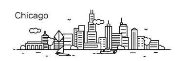 Beyaz arka plan üzerinde vektör illüstrasyon kontur tasarımı manzarası şehir silueti gökdelenler ve metin Chicago ile izole